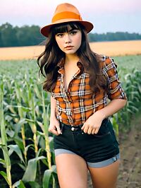 A curvy woman in 1960s style standing tall amidst a twilight cornfield
