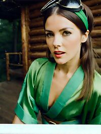 Woman with a curious appearance dons a green kimono in rustic cabin at dawn