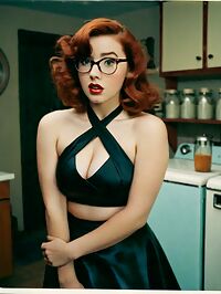 Blue eyed auburn haired woman in 50s attire surprises herself in the laundry room